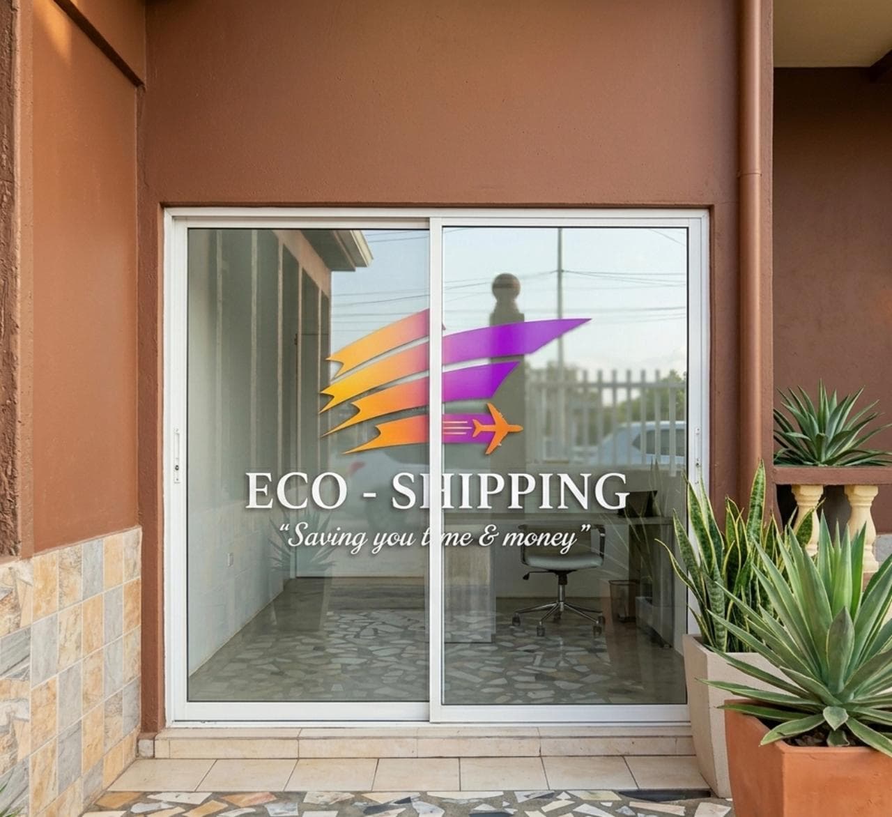 The Eco Shipping office entrance with the logo on the glass door